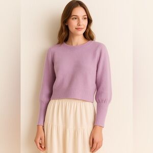 Hill House Women’s Large Sylvie Lavender Merino Wool Cropped Sweater Puff Sleeve